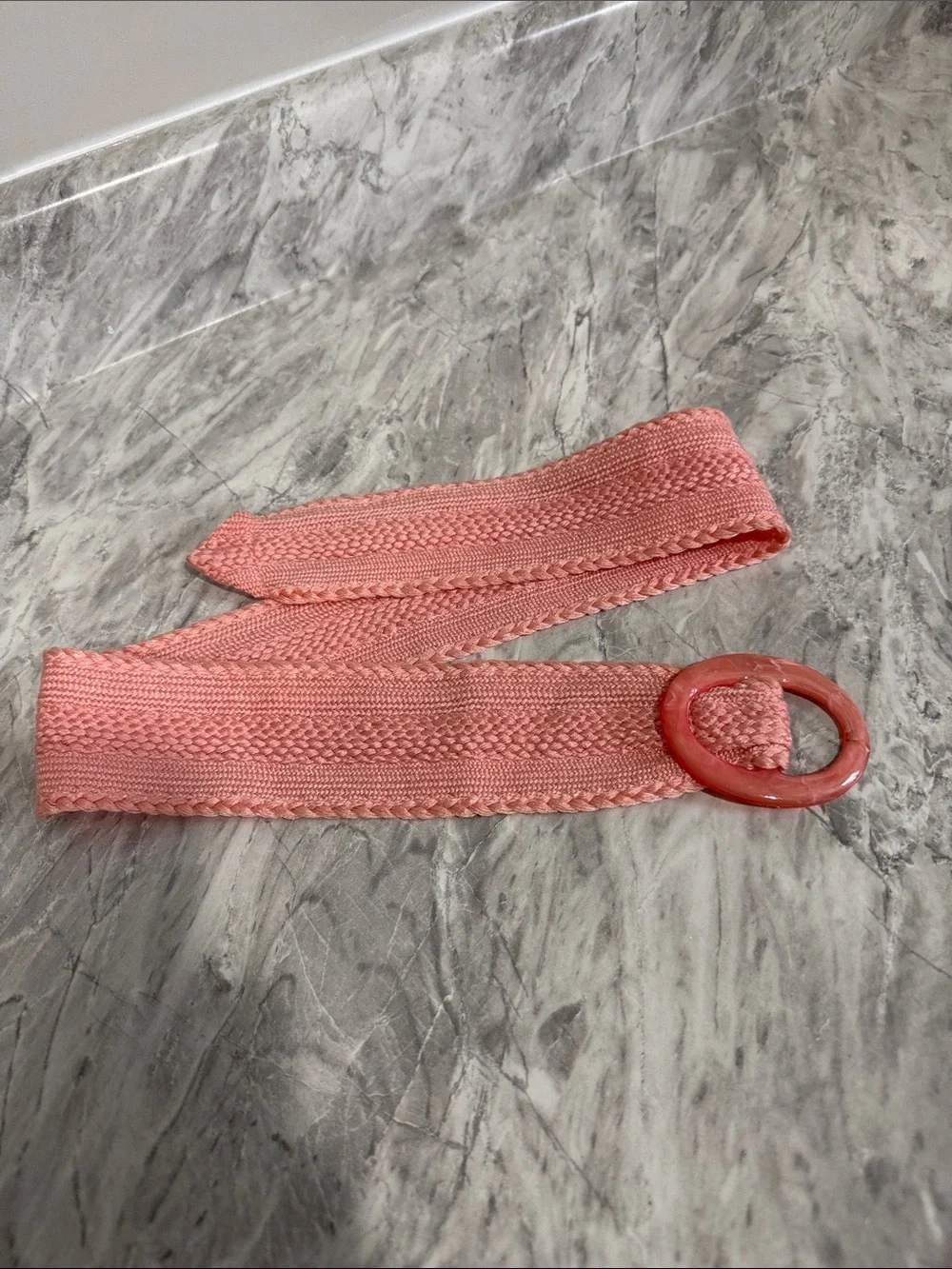 Vintage Pink Woven Belt with Marbled Plastic Ring Buckle Retro Adjustable 33”